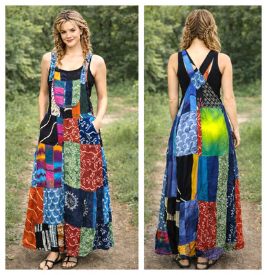 Vintage Y2K Handmade Patchwork Festival Boho Hippie Overall Bib Maxi Dress M