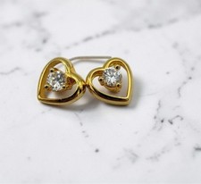 Heart Shaped Gold Tone Stud Earrings Rhinestone Accents Elegant Minimalist