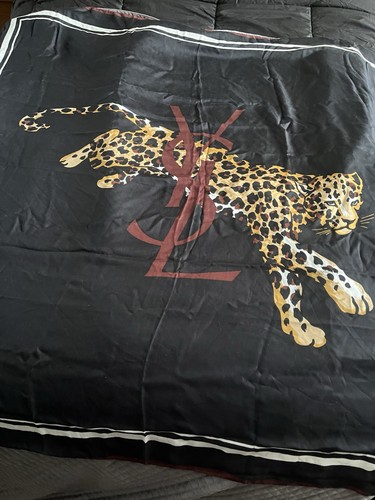 Yves Saint Laurent Large Scarf YSL Leopard And Logo Navy Blue 50” X 46”