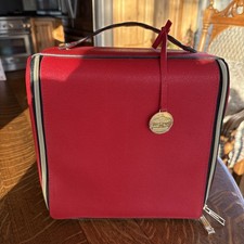 Estee Lauder Red Train Case Travel Zippered Cosmetic Bag w/ Scalloped Handle