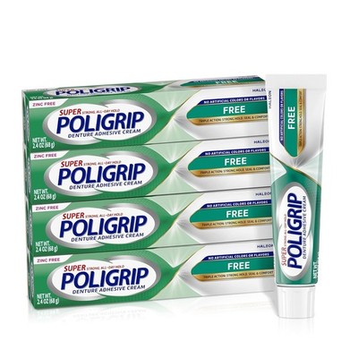 Super Poligrip Zinc Free Denture and Partials Adhesive Cream,2.4 ounce(Pack)-USA