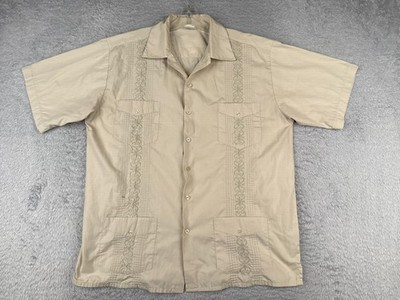 Lada Guayabera Shirt Adult Large Beige Polyester Cotton Blend 4 Pocket READ