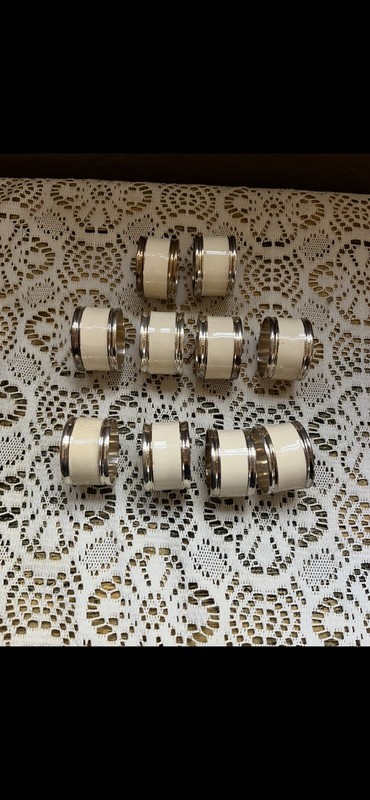 Vintage Set Of 10 Silver Plated And Cream Enamel Napkin Rings Great Quality MCM