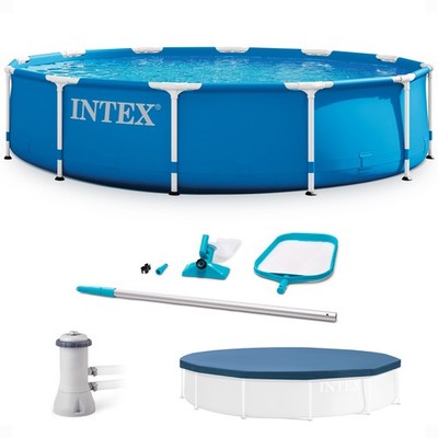 INTEX 12' x 30'' Metal Frame Above Ground Pool, Filter, Cover, & Maintenance Kit