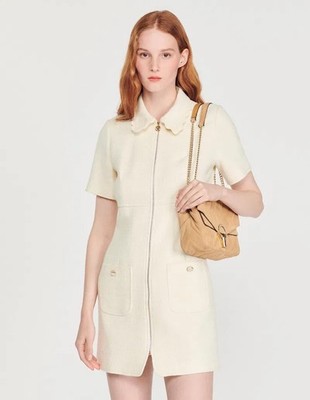 Sandro Gregoria Ivory Tweed Collar Zip Up Mini Dress Size L EU 40 UK 12