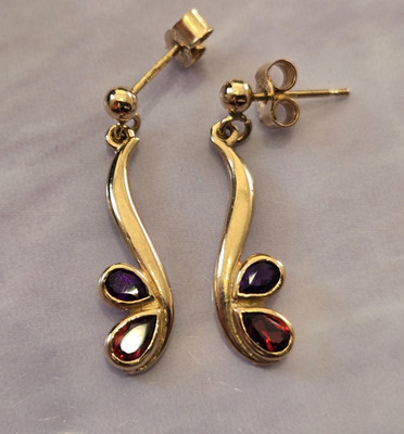 Ohrhänger 9 kt Gelbgold Amethyst und Granat Steine voll UK Punze