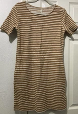 Wishlist T-shirt Dress Size Medium Brown White Stripes Pockets Midi Slits