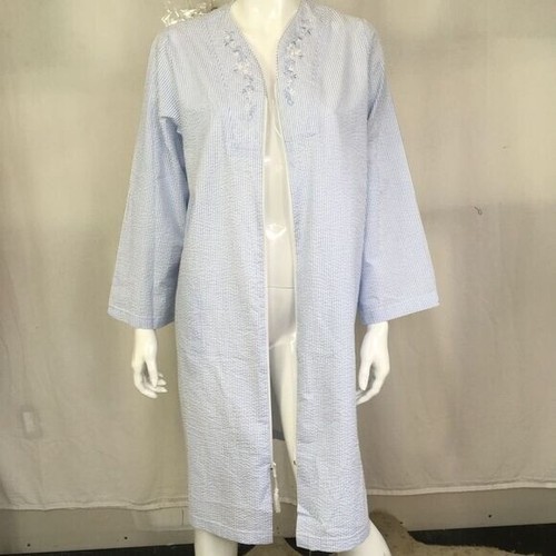Miss Elaine Womens Blue Striped Floral Embroidered Zip Tassel Long Sleeve Robe S - Picture 4 of 11