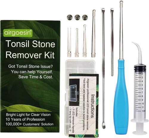 Tonsil Stone Remover 6.75" LED Tool Kit 5 Attachment Tips Oral Irrigator Light