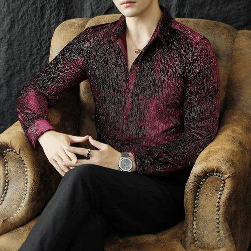 Men's Shiny Velvet Shirts Slim Fit Long Sleeve Fashion Social Shirt Clothing - Picture 9 of 17