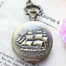 U.S.S. CONSTITUTION RETRO POCKET WATCH J681 QUARTZ MOVEMENT, 26" CHAIN