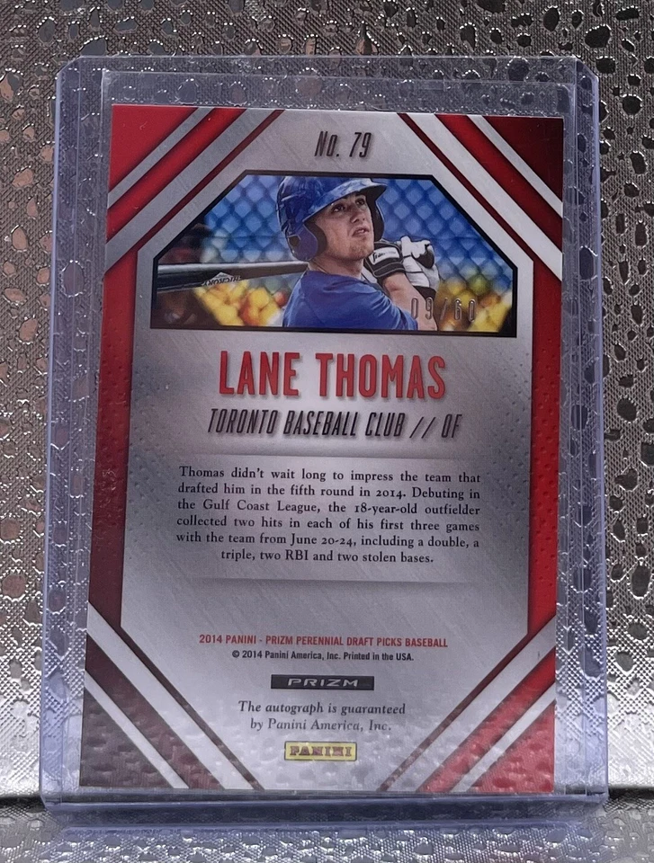 2014 Panini Prizm Draft Picks Lane Thomas Blue Jays Auto Orange Prizm /60 # 79 - Image 2 of 2