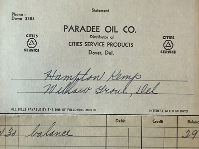 Dover Delaware Vintage Billhead Paradee Oil 1950's
