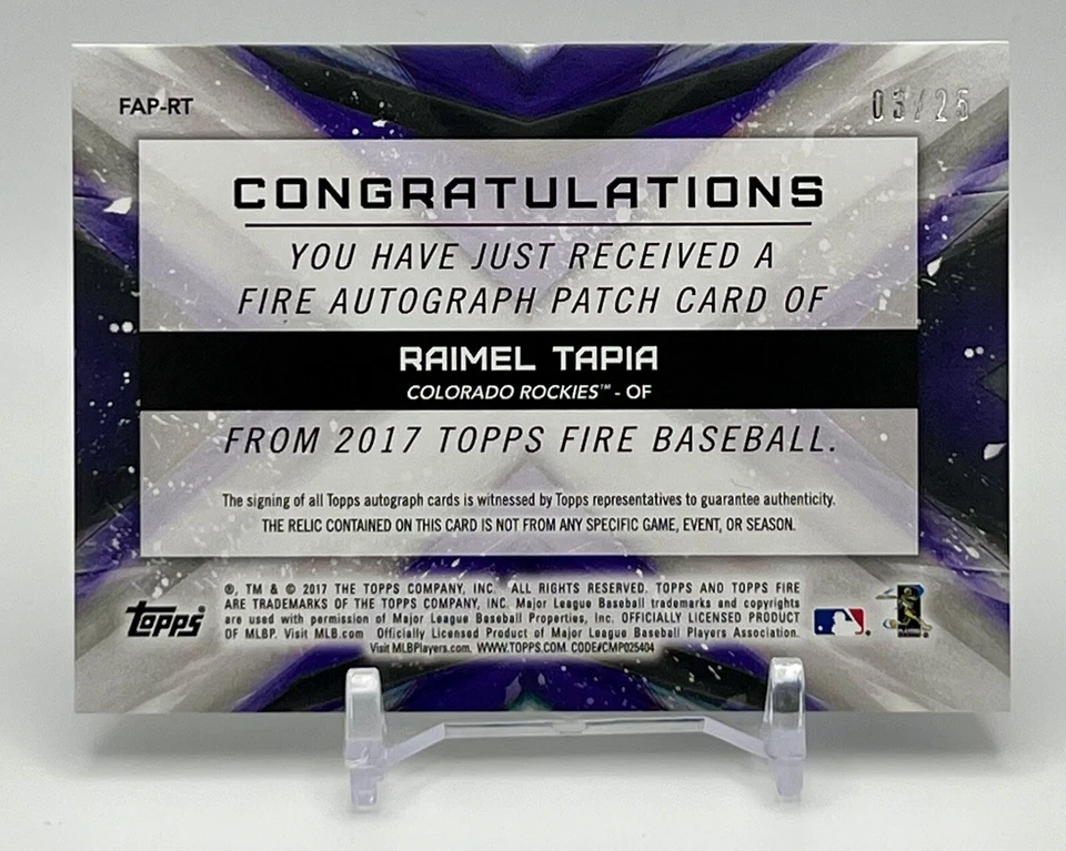 2017 Topps Fire Raimel Tapia Rookie Auto Patch RPA /25 FAP-RT  - Imagem 2 de 2
