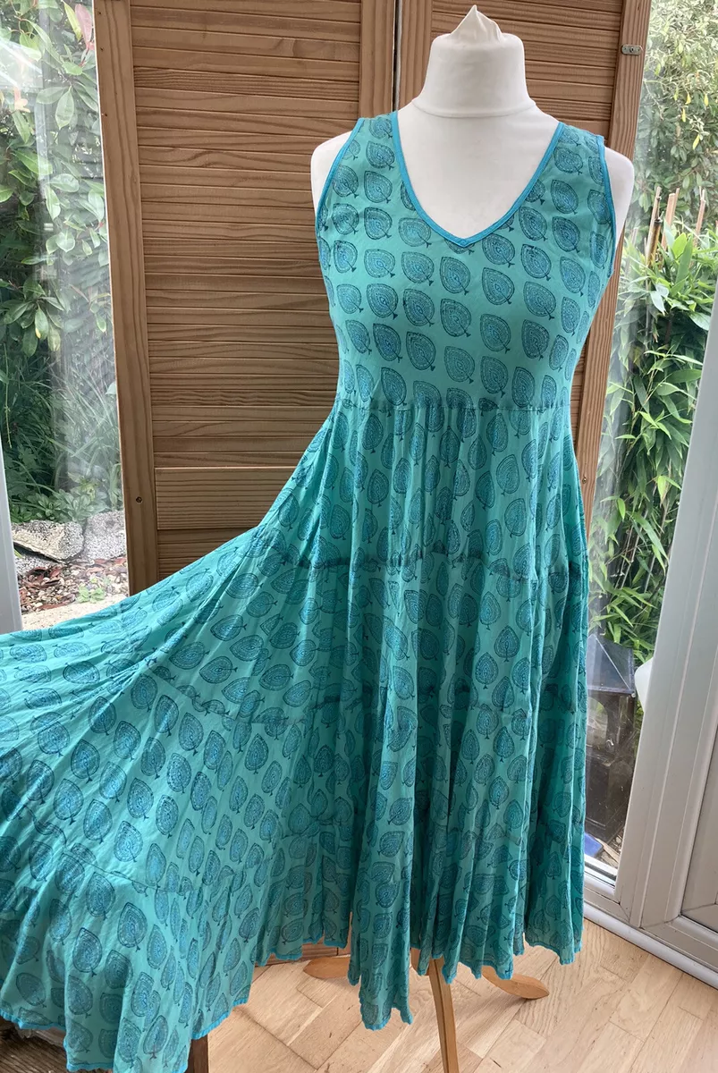 Indian Cotton Block Print Fit Flare Turquoise Sun Dress Full