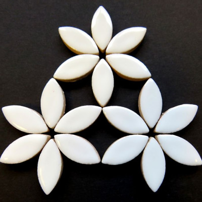 25 Tiles White Petals Ellipse Ceramic Mosaic Tile Pieces - 25 mm x 11 mm