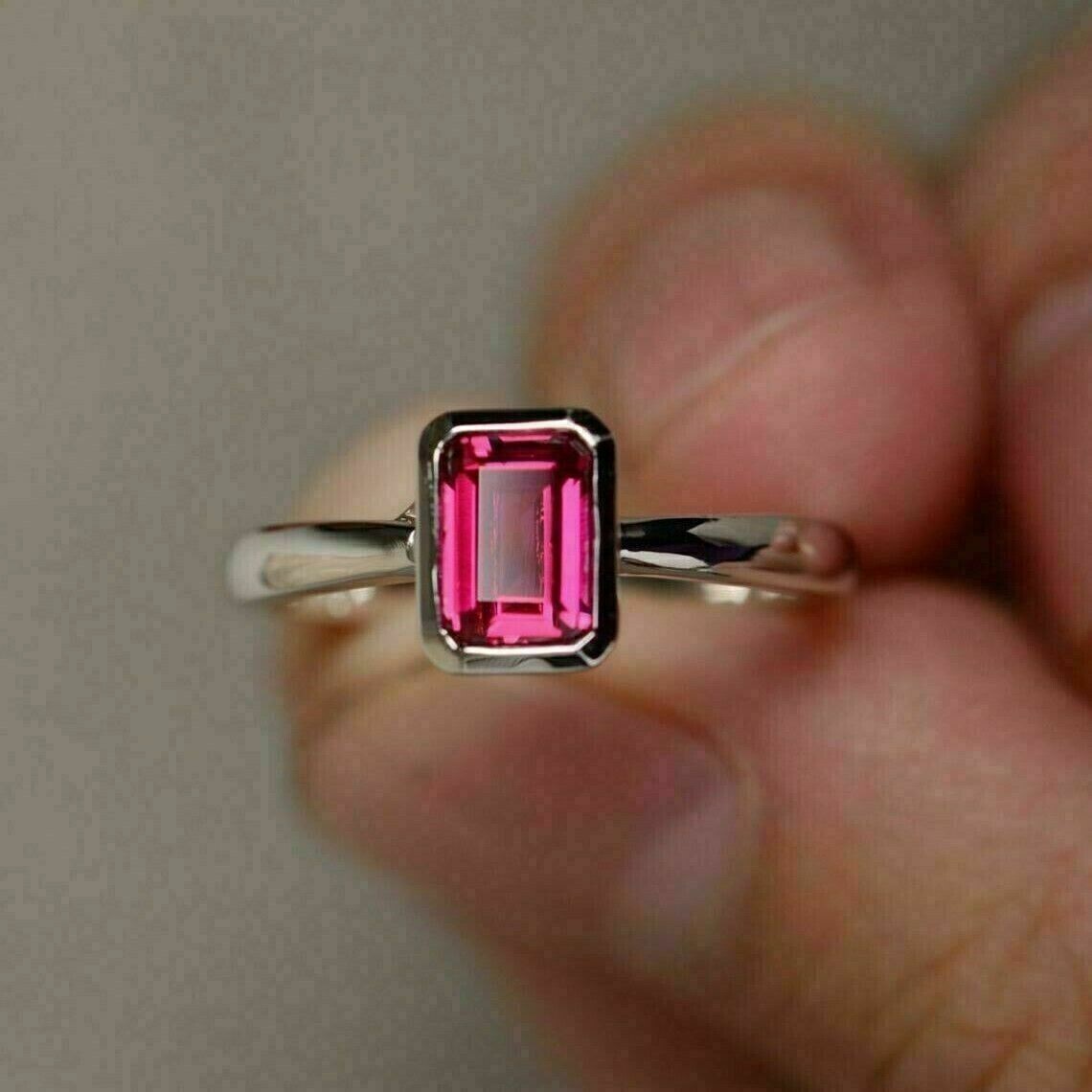 2CT Emerald Cut Pink Ruby Ring in 14K White Gold Plated for Women