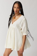 Ecote Vero Shapeless V-neck Mini Dress Urban Outfitters Puff Sleeve Ivory NWT XS
