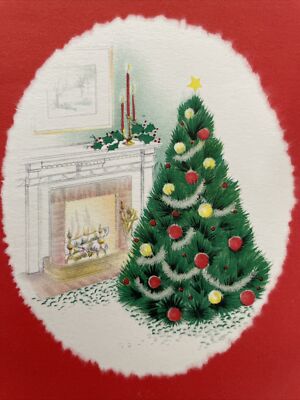 60s Peek Inside Warm Inviting Fireside Home Christmas Tree Vtg XMAS Card USED
