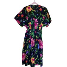 Natori Womens Shirt Dress Size 2 Black Floral Midi Pleated Waist Casual