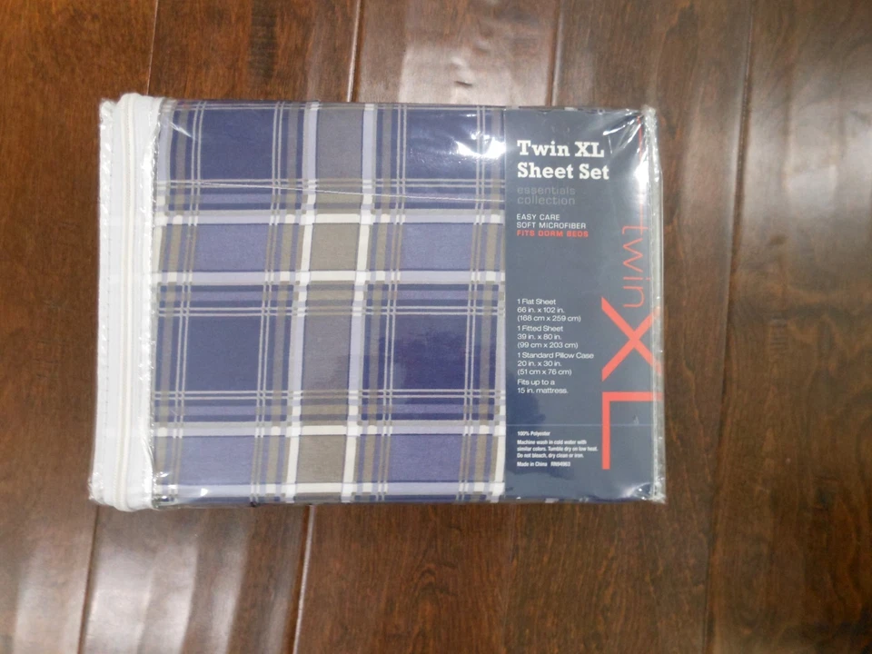 New Twin XL Sheet Set by Essentials Collection Blue Plaid - Image 3 of 4