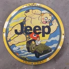 VINTAGE CONVEX JEEP GENUINE 1952 GASOLINE OIL GAS PUMP ENAMEL PORCELAIN SIGN