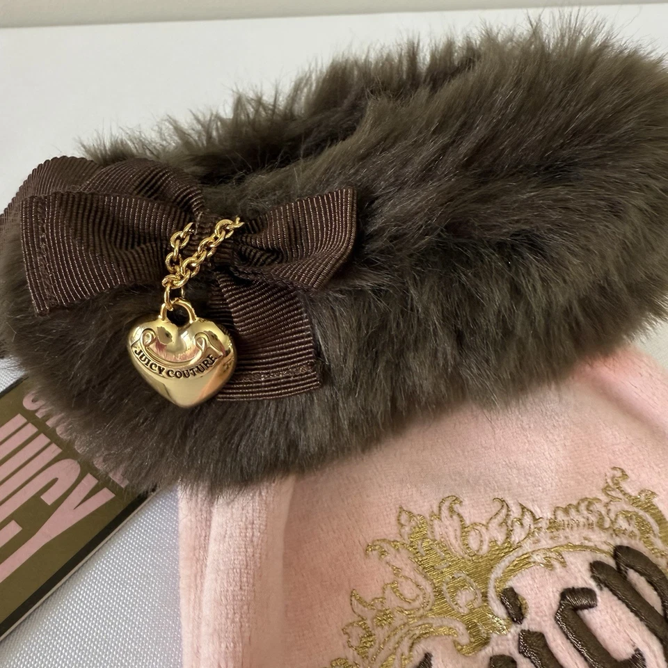  Juicy Couture Vintage Y2K Rosa Navidad Medias Imitación Piel Arco Oro Corazón Dije Foto 4 de 4