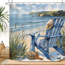Summer Beach Coastal Shower Curtain 72Wx72L Inch Blue Sea Ocean Landscape Sce...