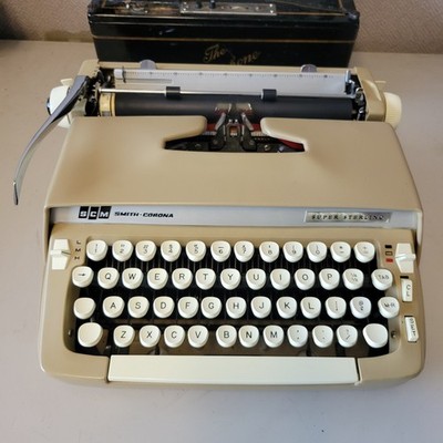 1960s Tan Smith Corona Super Sterling Manual Portable Typewriter with Case NICE