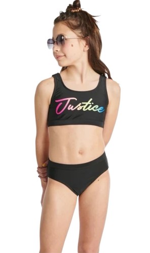 Justice Girls Swimsuit Bikini Black Size 5/6 Lined Colorful Logo 2 Piece Set - Picture 7 of 10