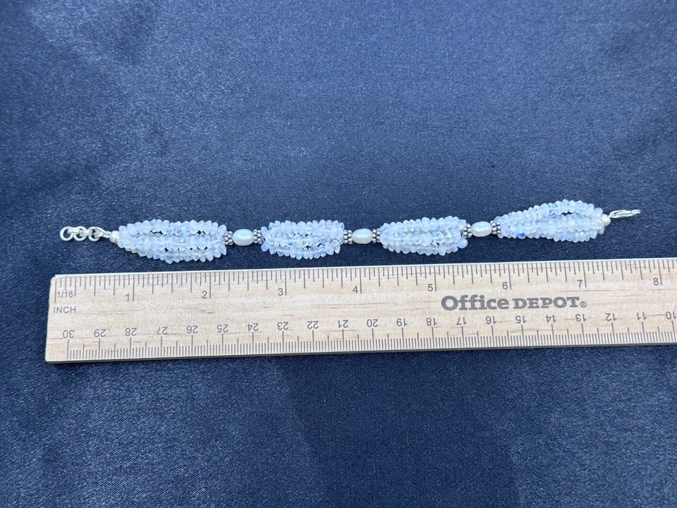 Sterling Pearl/Moonstone Gemstone Beaded Bracelet-18.8 Grams-Vintage Estate Find - Image 2 of 4