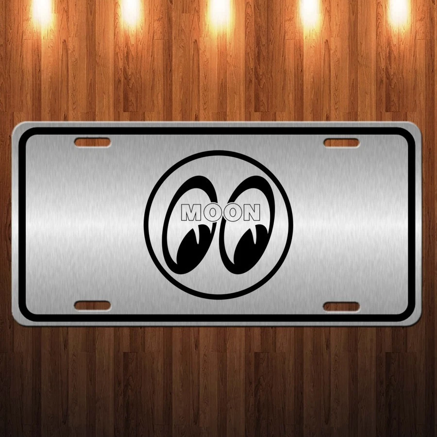 Laser Etched Black Mooneyes Logo on a Brushed Aluminum License Plate Tag - Picture 1 of 6