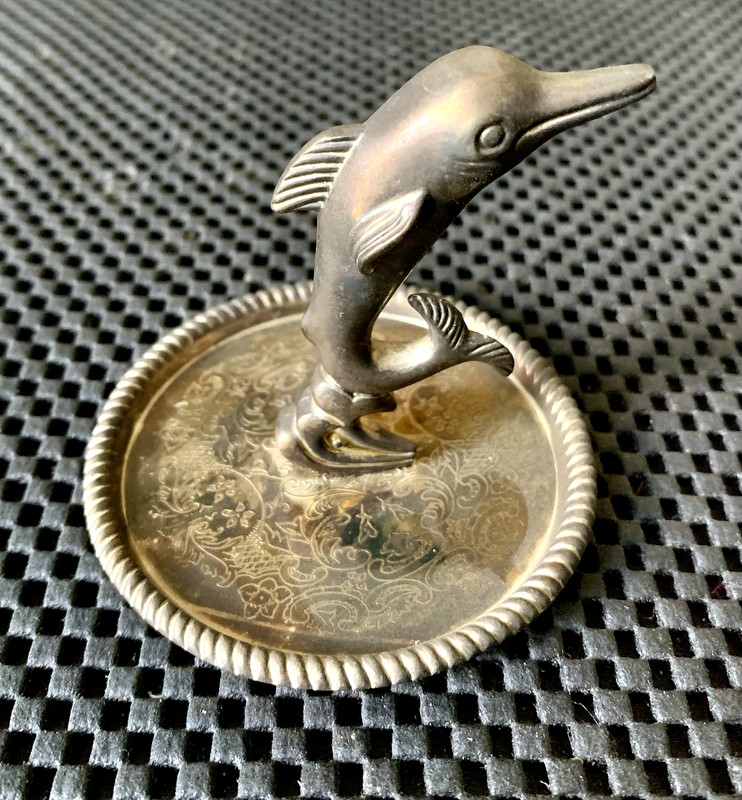 DOLPHIN ON THE WAVE BRONZE TONE VINTAGE ASHTRAY 3 1/4" X 3" TALL MADE IN CHINA