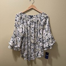 Women’s Large Chaps Navy Floral Round Neck Keyhole Button 3/4 Bell Sleeve Blouse