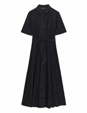 Zara Black Embroidered Belted Button Front Long Shirt Dress Short Sleeve L