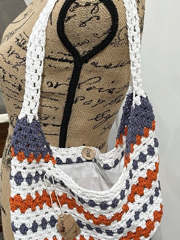 Handmade Crochet Tote Bag, White purple Orange Gray Striped Lined Interior