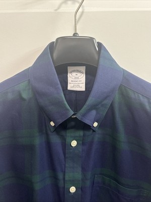 Brooks Brothers Men s Medium Blue/Green Plaid Regent Fit LS Button Dress Shirt