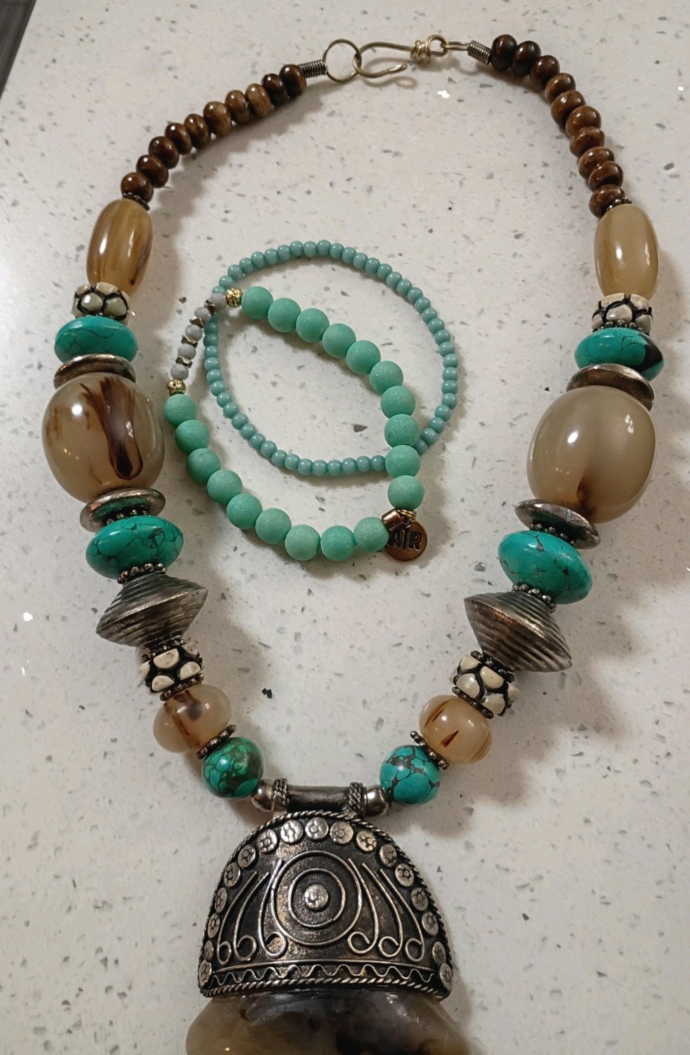 Large Tibetan Style Pendant Beaded Necklace Silver Tone w/ Beaded Bracelets set