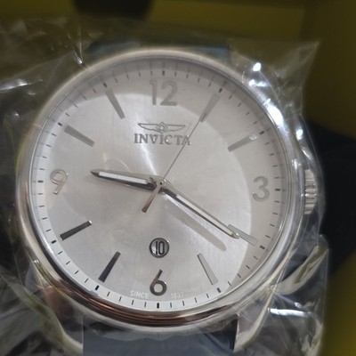 Invicta Silver Stainless Steel Silver Dial Blue Leather Quartz Wristwatch Men