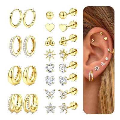12 Paare 14K Gold Tragus Knorpel Hoop Flach rücken Ohrringe Set DE