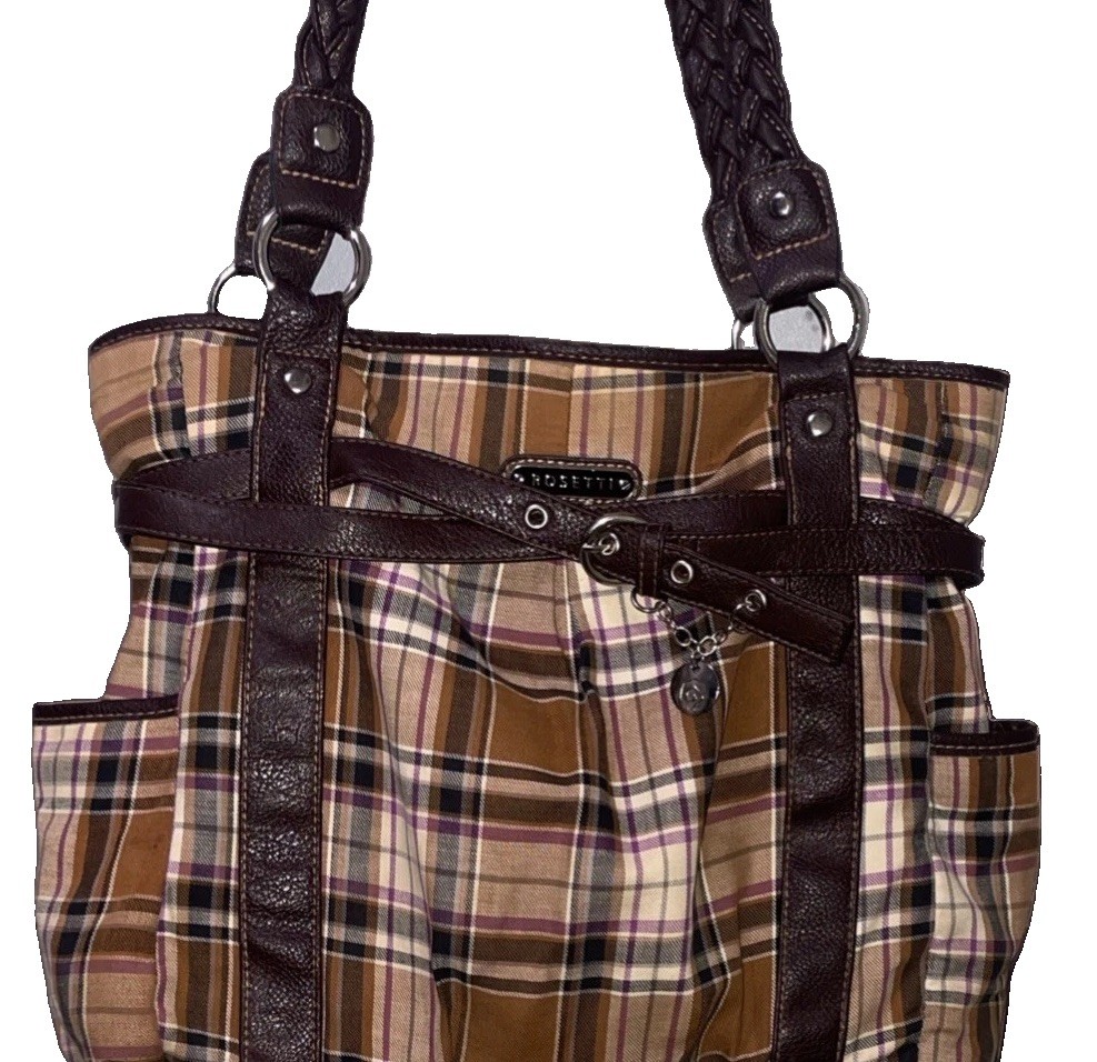 Rosetti Plaid Fabric Hobo Bag Brown Tan Shoulder Purse Braided Handles