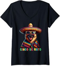 Funny German Shepherd Dog with Poncho And Sombrero Ladies' V-Neck Tshirt