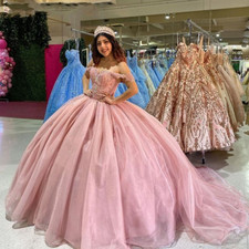 Pink Quinceanera Dresses With Lace Applique Off Shoulder Ball Gown Prom Sweet 16