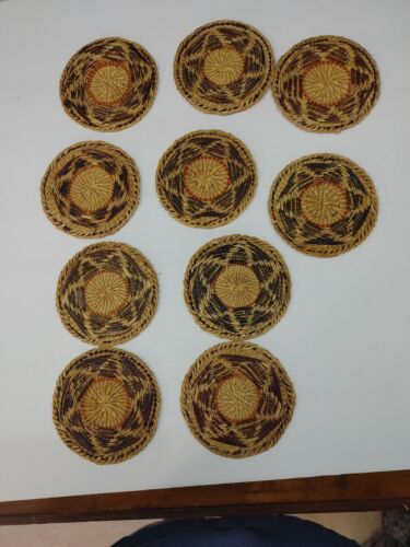 Vintage Rattan Korb Untersetzer Gewebt Boho Hellbraun Rot 10er Set - Bild 7 von 12