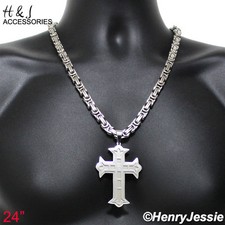 24"MEN Stainless Steel HEAVY 9mm Silver Byzantine Box Chain CZ Cross Pendant L5