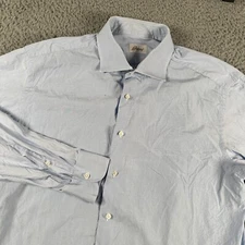 Brioni Mens Dress Shirt 17.5 Blue Button Up Cotton Made In Italy Flaws