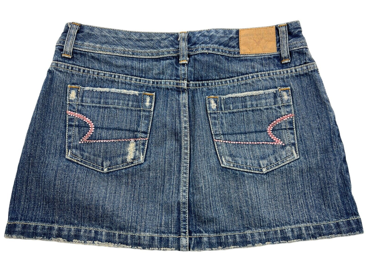 American Eagle Pink Rhinestone Pocket Distressed Denim Mini Skirt