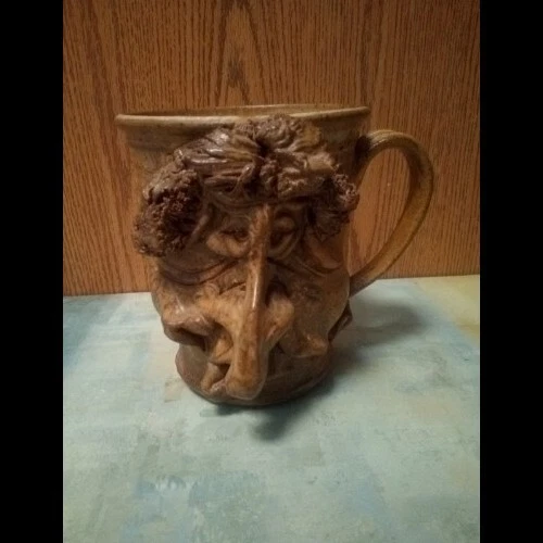 UGLY FACE BIG NOSE  Signed Drip Glaze Tall Pottery Mug