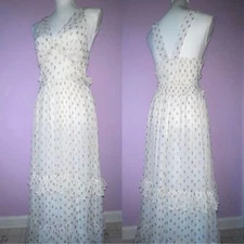 NEW En Creme Maxi Dress M Boho Metallic Polka Dot Cutout Ruffle Tiered