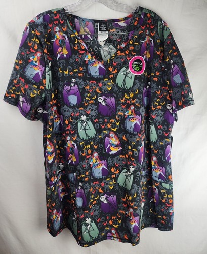 Women's L Disney Nightmare Before Christmas JACK & SALLY Scrub Top Scrubstar - Picture 2 of 10